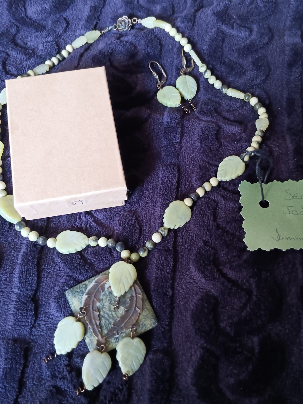Handcrafted 22" Serpentine &Jade  Leaf Pendant Necklace and Earrings Set